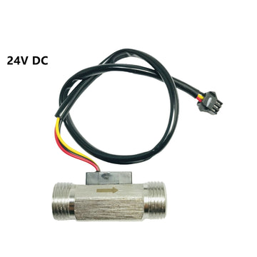 The 24V brass solenoid valve and stainless steel flow sensor included in the dosage controller kit.